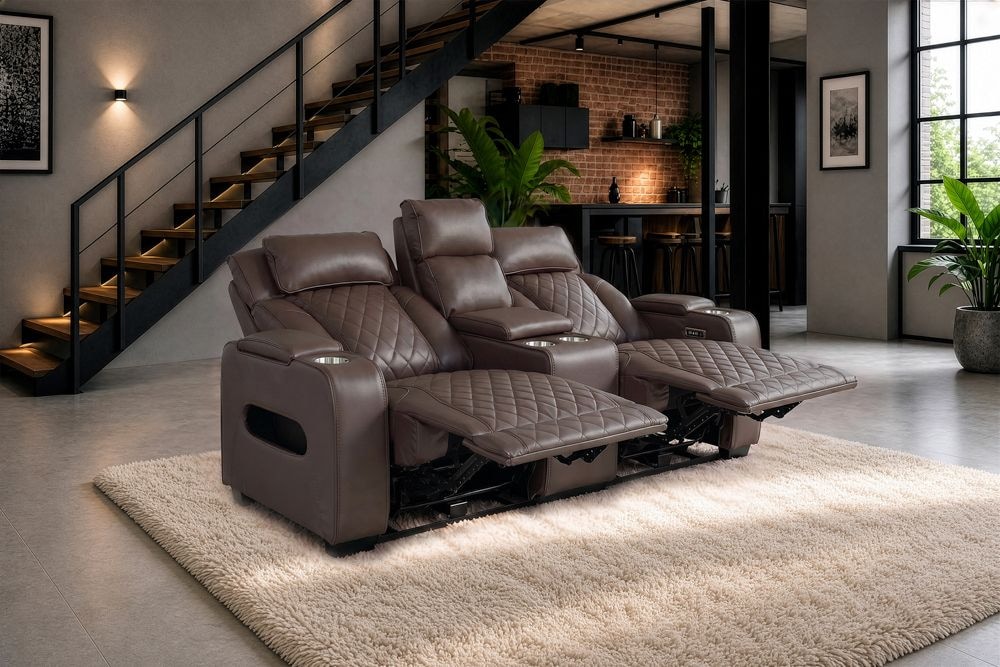 Elektrischer 2er Kinosessel HOLLYWOOD braun Kunstleder Relaxfunktion Getränkehalter