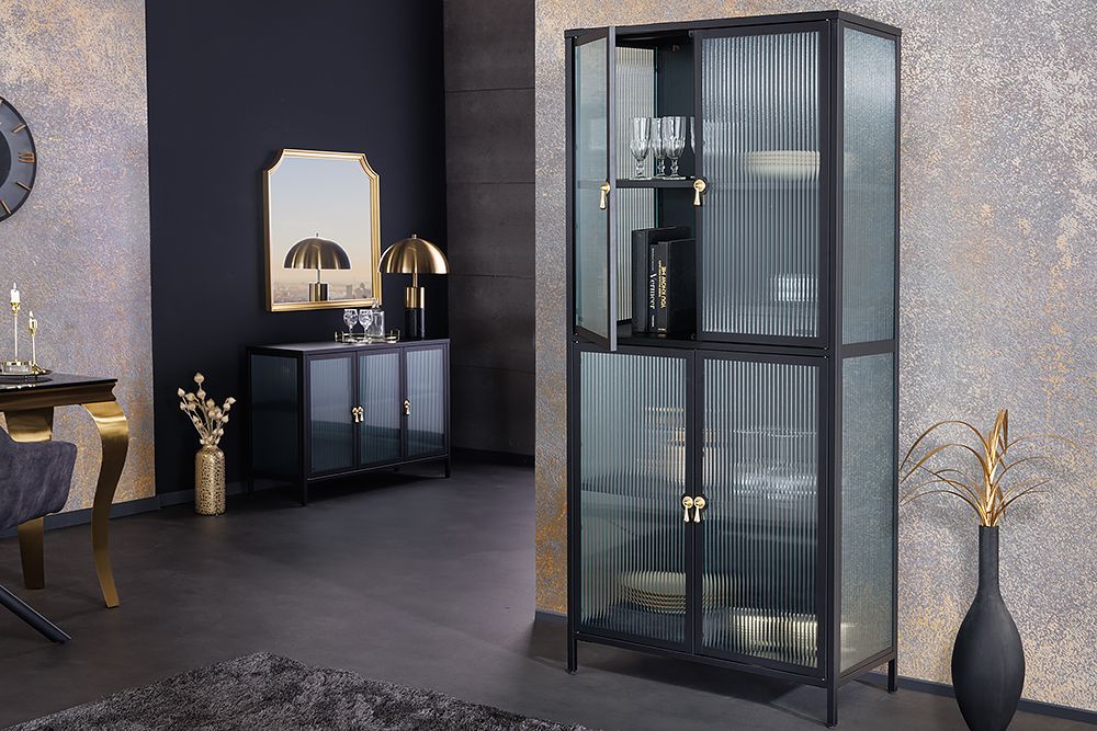 Moderne Vitrine AMSTERDAM 180cm schwarz gold Riffelglas Metall Highboard Schrank