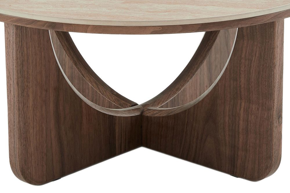 Runder Couchtisch ENSO 80cm champagner greige Travertin Keramik Walnussholz