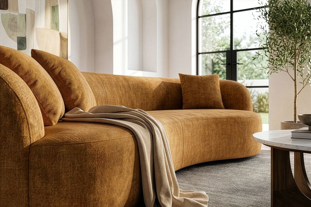 Organisches Sofa ATELIER 230cm senfgelb Samt 3-Sitzer Couch inkl. Kissen