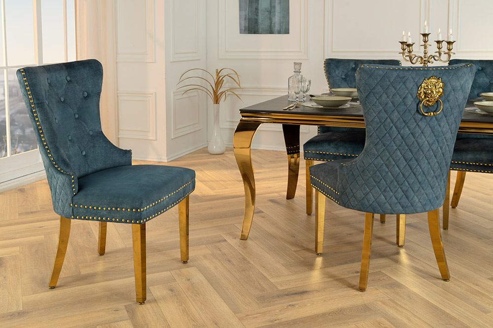Barock Stuhl CASTLE DELUXE petrol Samt gold Edelstahl mit Löwenkopf Ziernieten