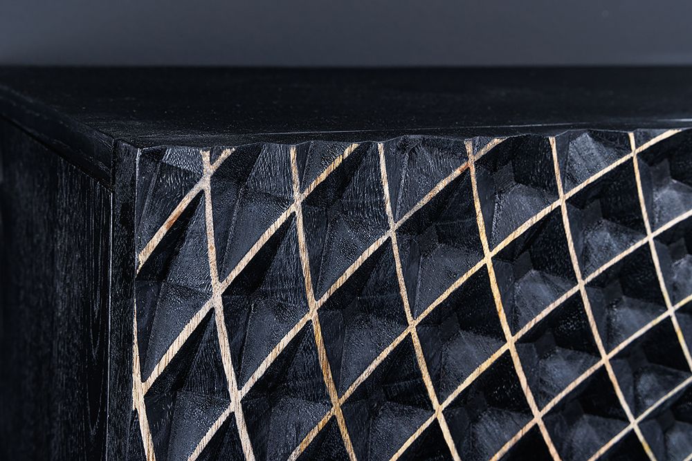 Design Sideboard ILLUSION 180cm schwarz Mangoholz Massivholz mit 3D Schnitzereien gold Eisen Metallgestell