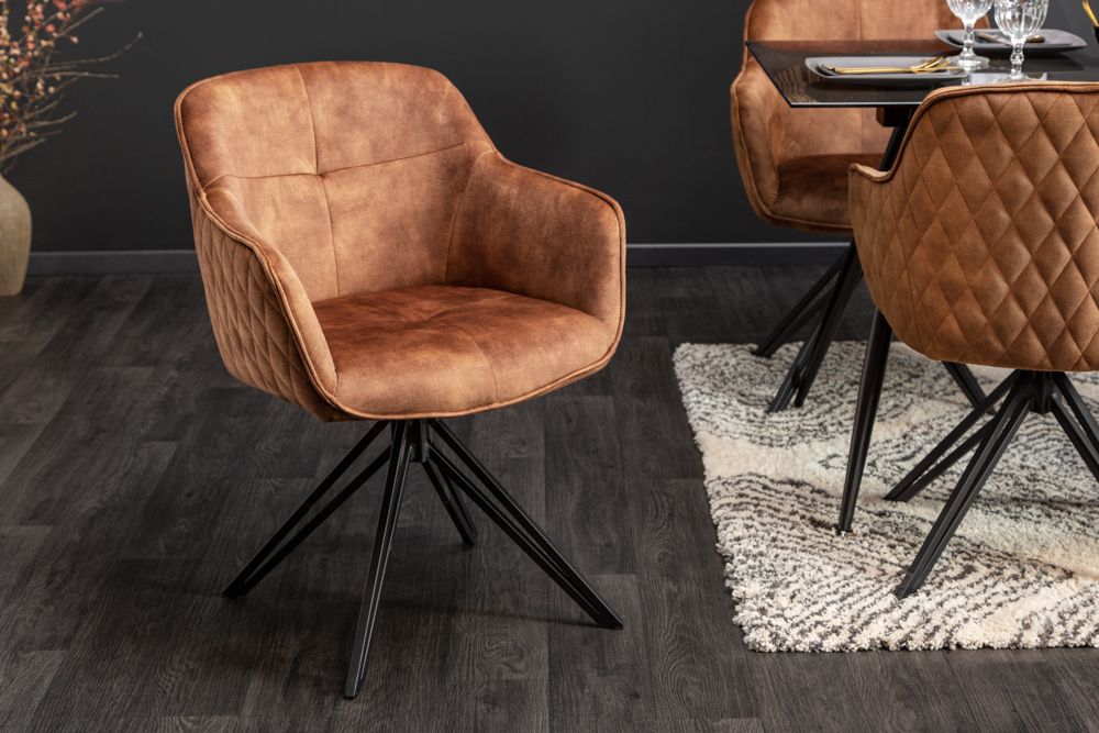 Drehbarer Design Stuhl EUPHORIA rost braun Samt mit Armlehne Metallgestell schwarz