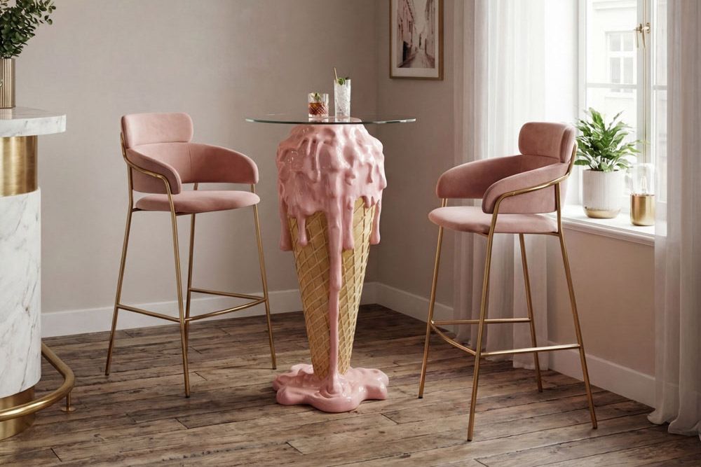 Einzigartiger Bartisch ICE CREAM 105cm beige rosa runde Tischplatte Glas handmade