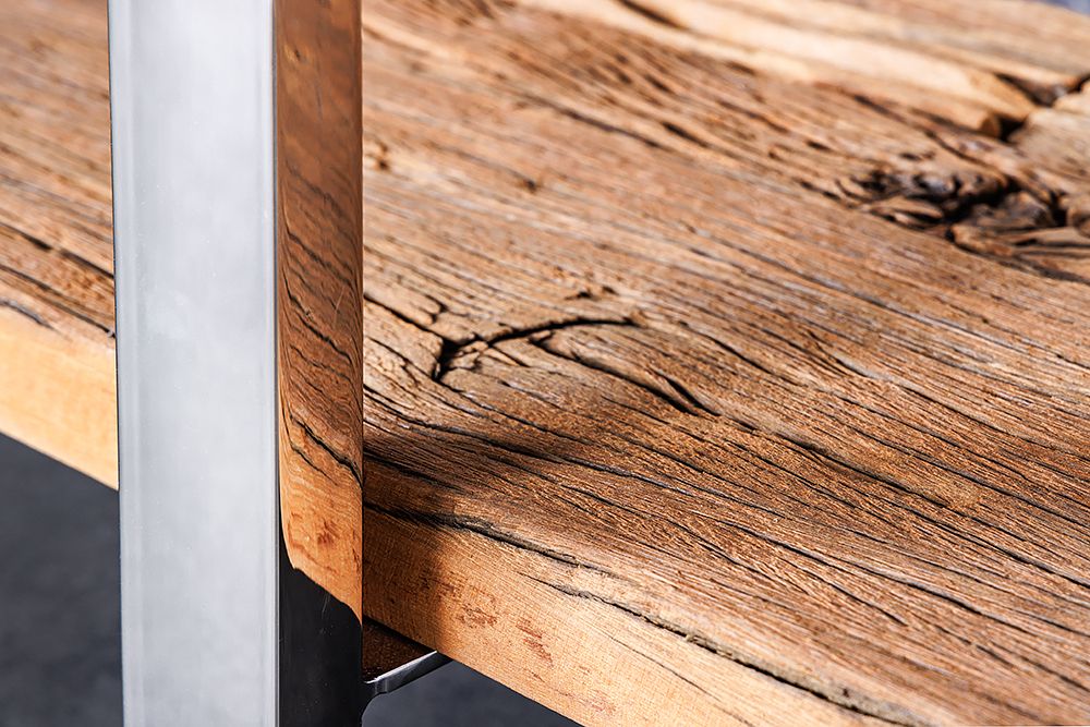 Massivholz Konsolentisch BARRACUDA 140cm braun Teakholz silber Edelstahl verchromt mit Schubladen