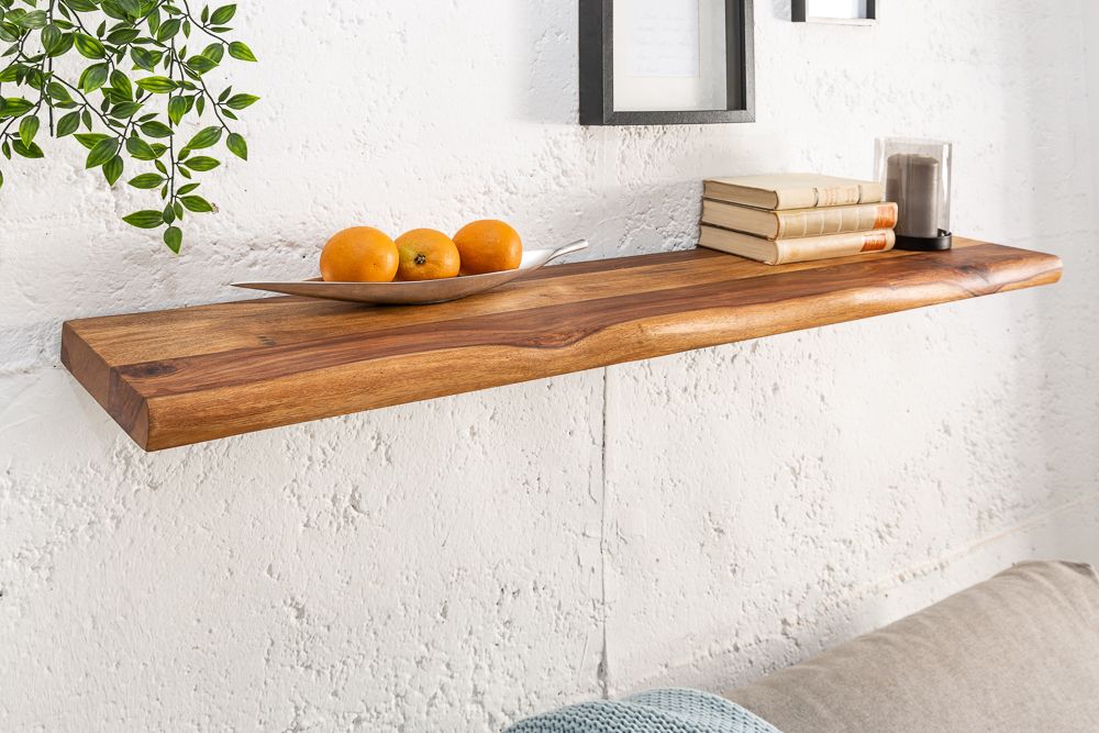 Massives Wandregal MAMMUT 80cm braun Sheesham stone finish Regalbrett mit Baumkante