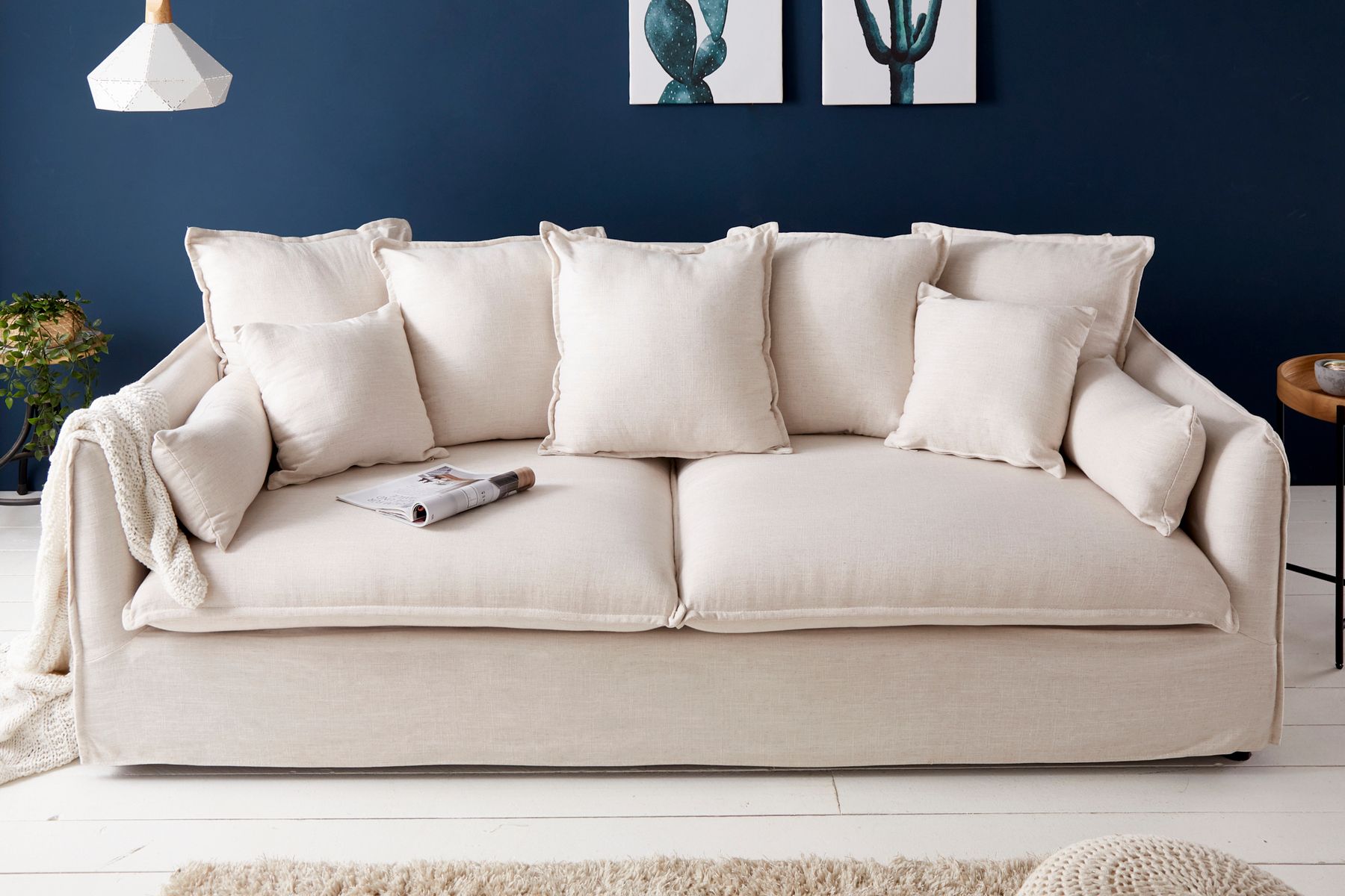 Großes 3-Sitzer Sofa HEAVEN 200cm natur beige Leinenstoff Federkern Hussensofa