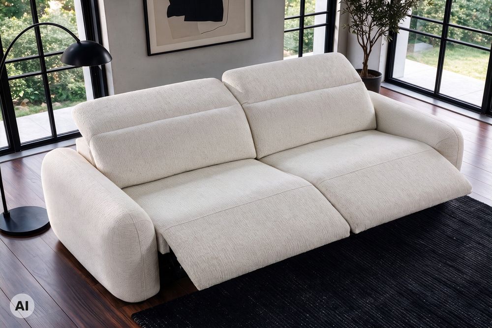 3er Sofa MILANO 220cm beige Bouclé Tweed Soft elektrisch verstellbare Fuß und Kopfstütze