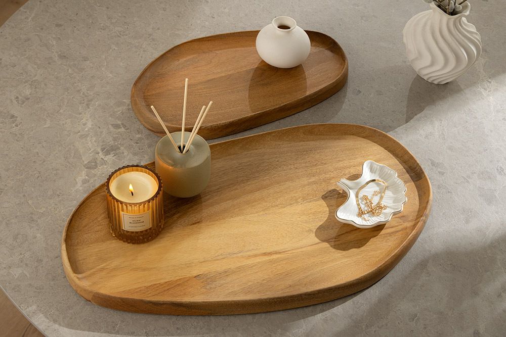 Massives 2er Set Tablett AMAZONAS 55cm natur Mangoholz cream finish Servierbrett