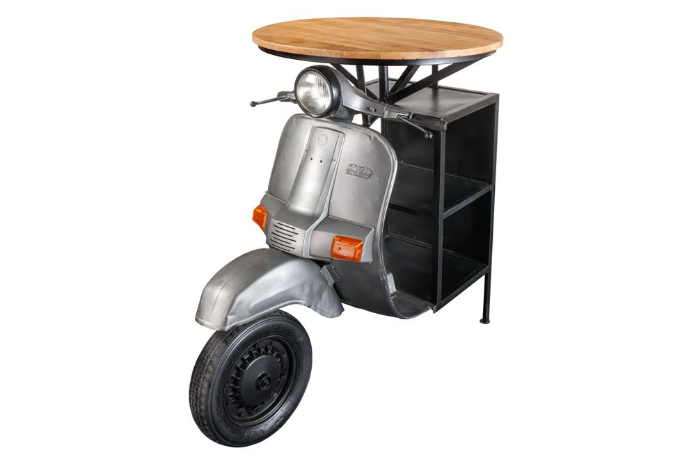 Vintage Bartisch UPCYCLING SCOOTER 120cm silber Mangoholz rund handmade