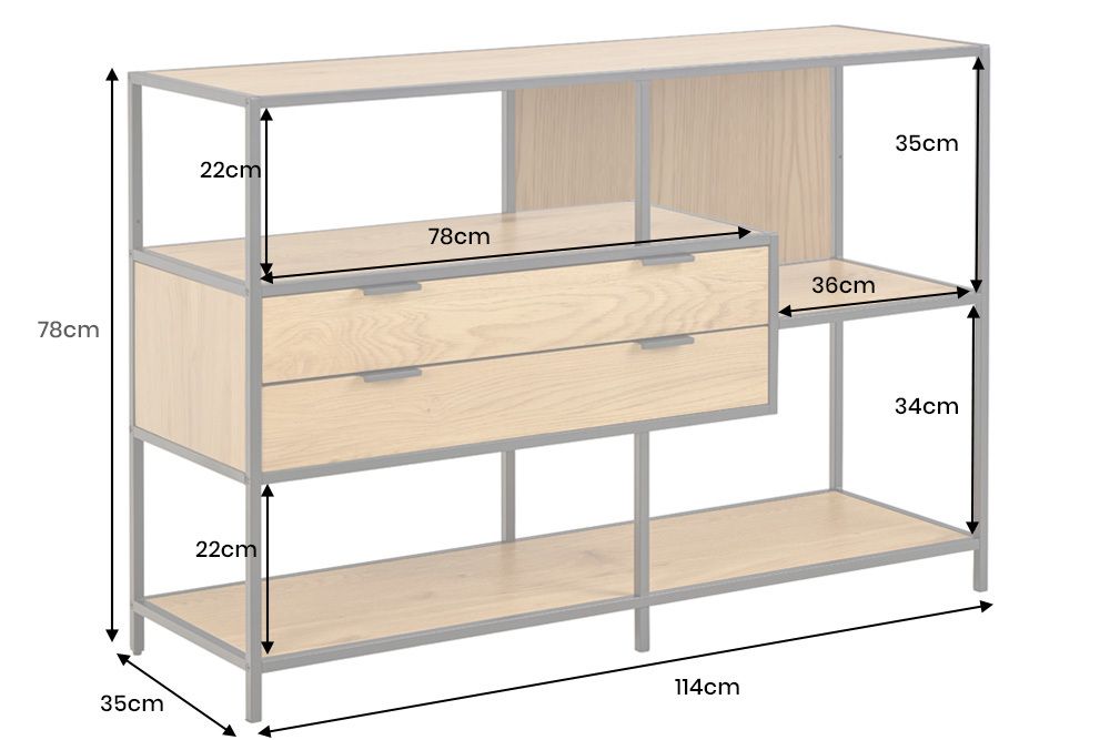 Industrial Bücherregal SLIM LINE 115cm Wildeiche schwarz Metall mit Schubladen