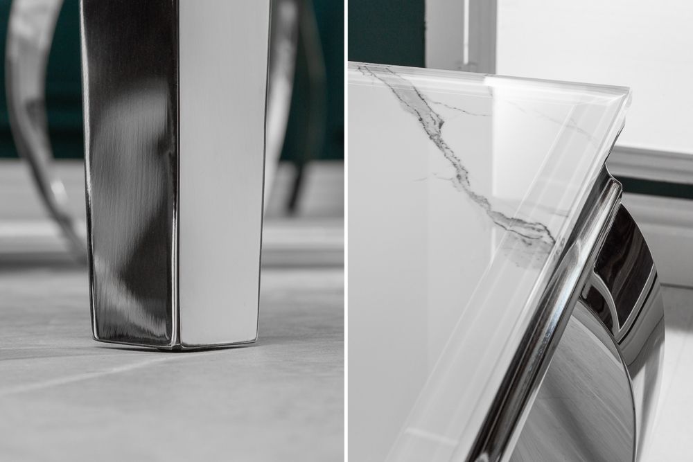 Design Esstisch MODERN BAROCK 180cm weiß chrom Glasplatte Marmor Edelstahlbeine