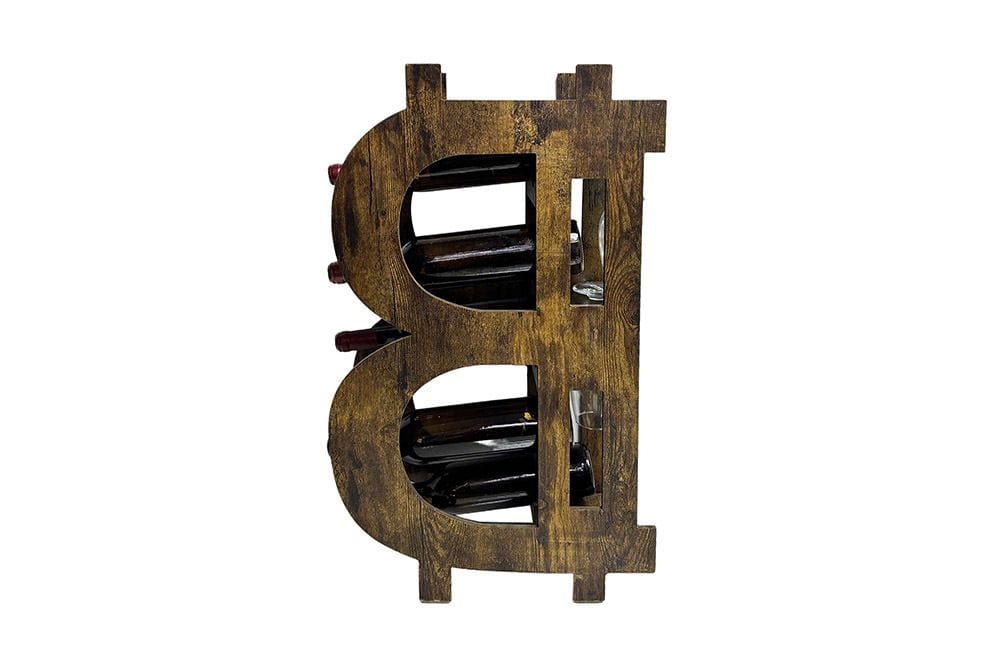 Stilvolles Weinregal BITCOIN 70cm natur Holzregal für 10 Flaschen und 4 Gläser
