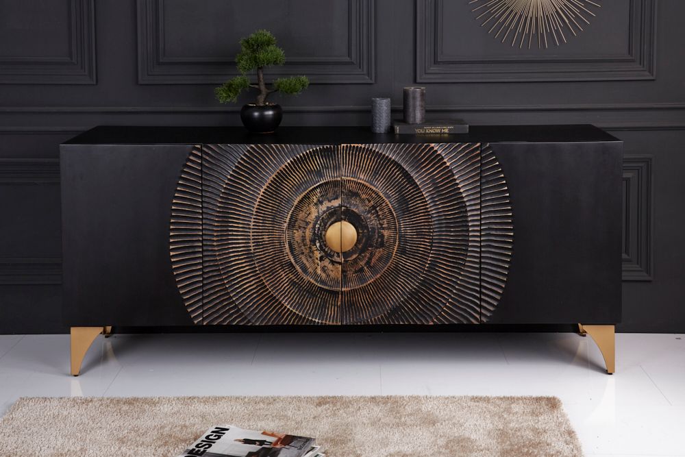 Handgearbeitetes Sideboard GOLDEN SUNSET 180cm schwarz mit 3D Schnitzereien gold Mangoholz Metallbeine