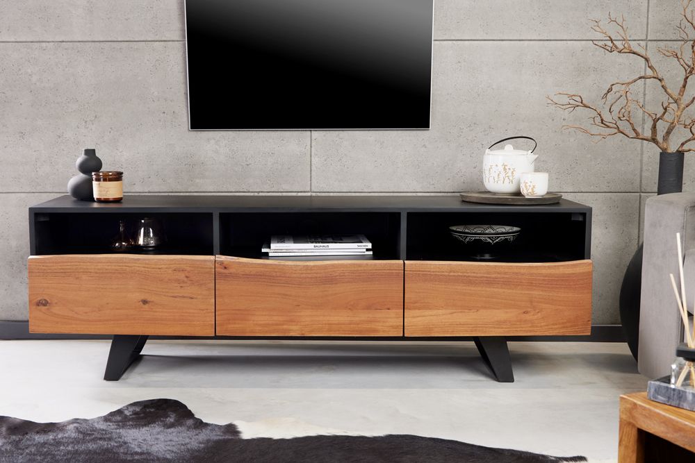 Industrial Design TV-Board ORGANIC ARTWORK 140cm Akazie Massivholz Eisengestell