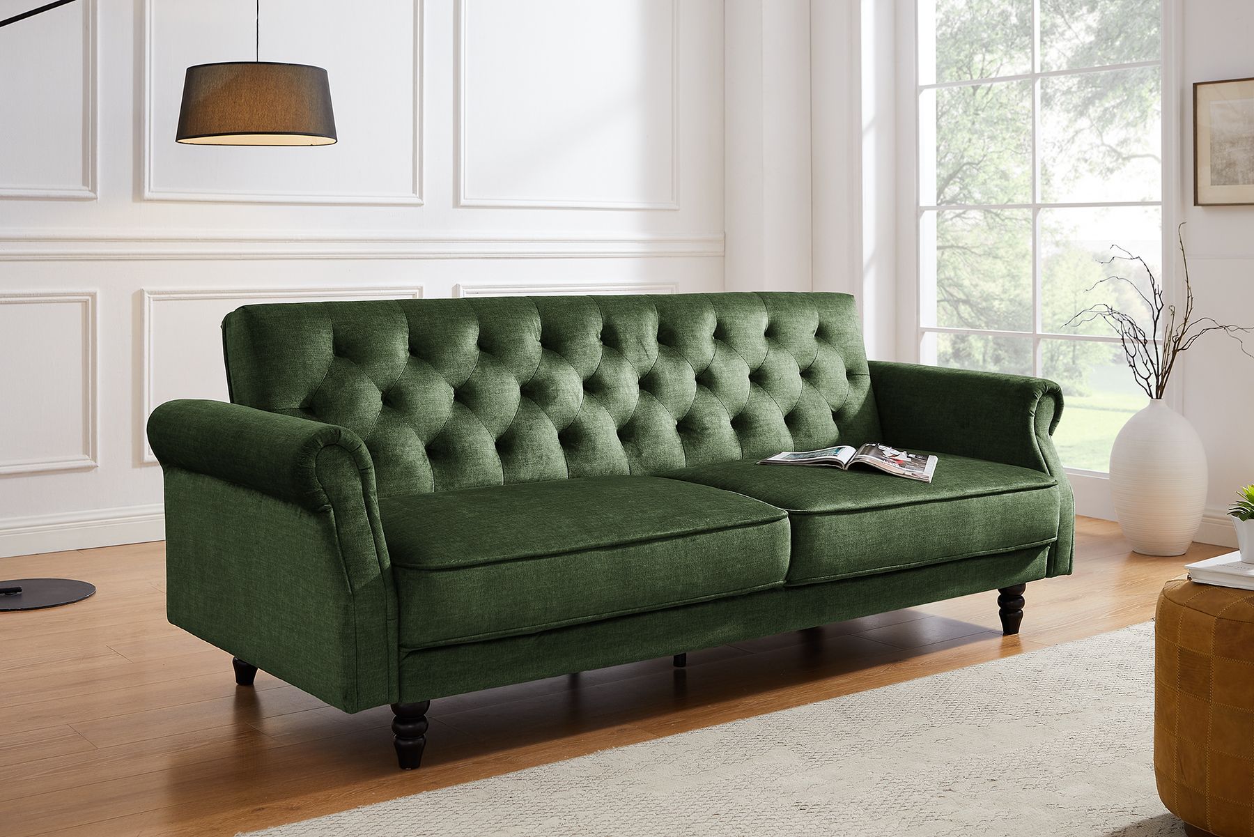 Schlafsofa MAISON BELLE AFFAIRE 220cm moosgrün Vogue Seiden Samtstoff 3-Sitzer
