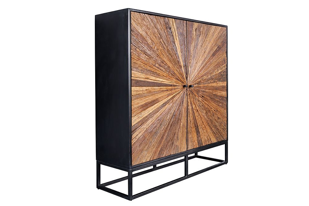 Massives Highboard BARRACUDA 120cm braun Mangoholz mit Teakholz-Front schwarz Metall