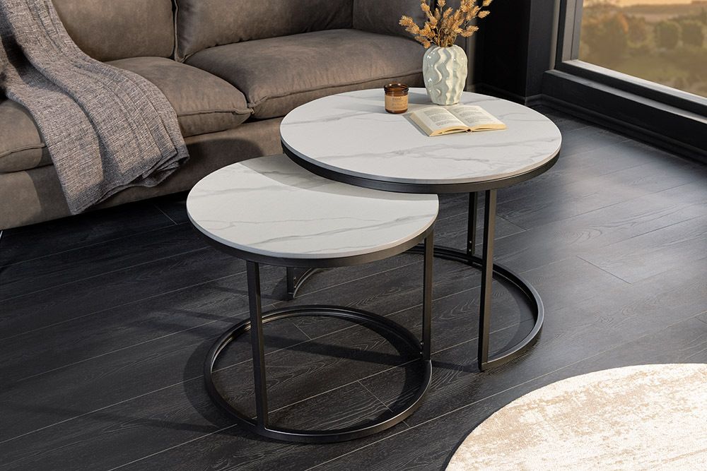 Rundes 2er Set Couchtische ELEGANCE 75cm weiß Keramik schwarz Metall