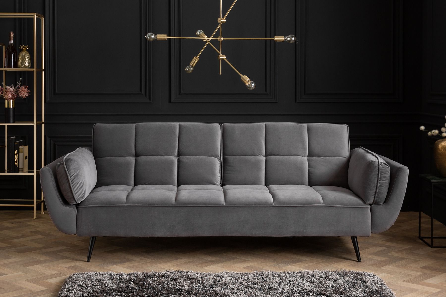 Retro Schlafsofa BOUTIQUE 215cm grau Samt 3-Sitzer mit schwarzen Füßen