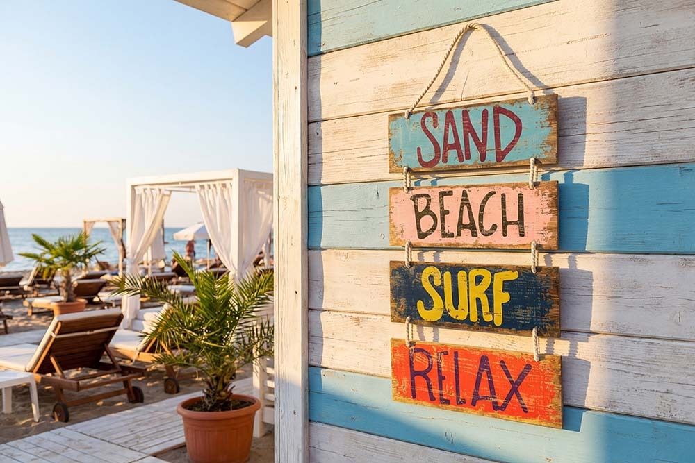 Maritimes Wandschild SURF & BEACH 110cm buntes Holzdesign Deko-Schild