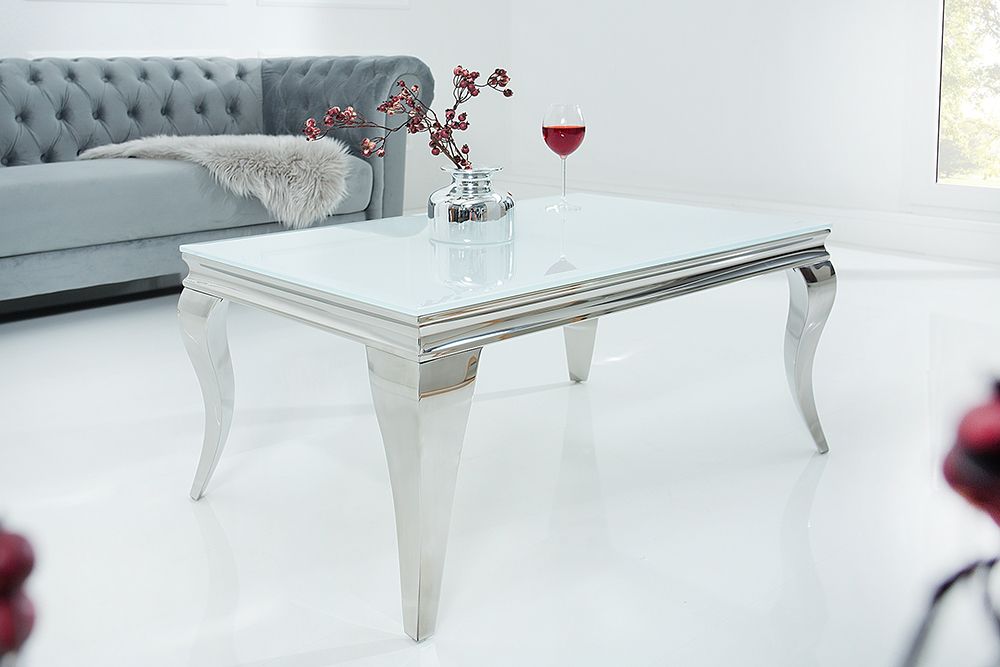 Eleganter Couchtisch MODERN BAROCK 100cm silber mit weißem Opalglas