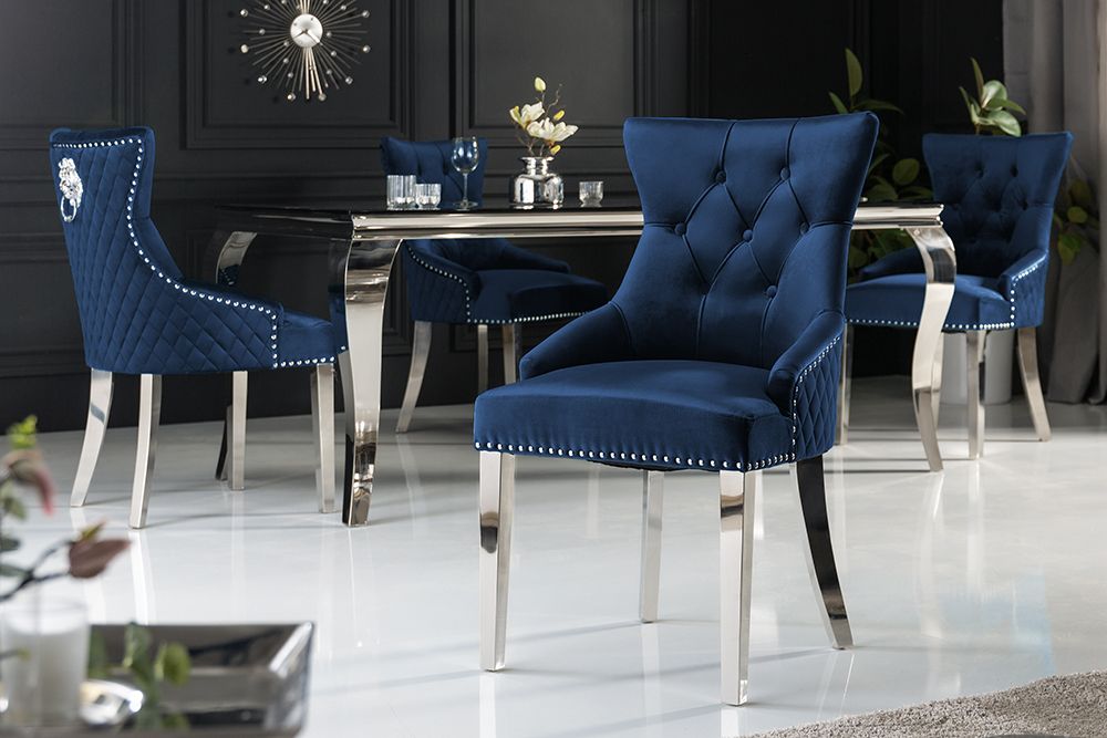 Barock Stuhl CASTLE DELUXE royalblau Samt Löwenkopf Chesterfield Design Esszimmerstuhl Nieten