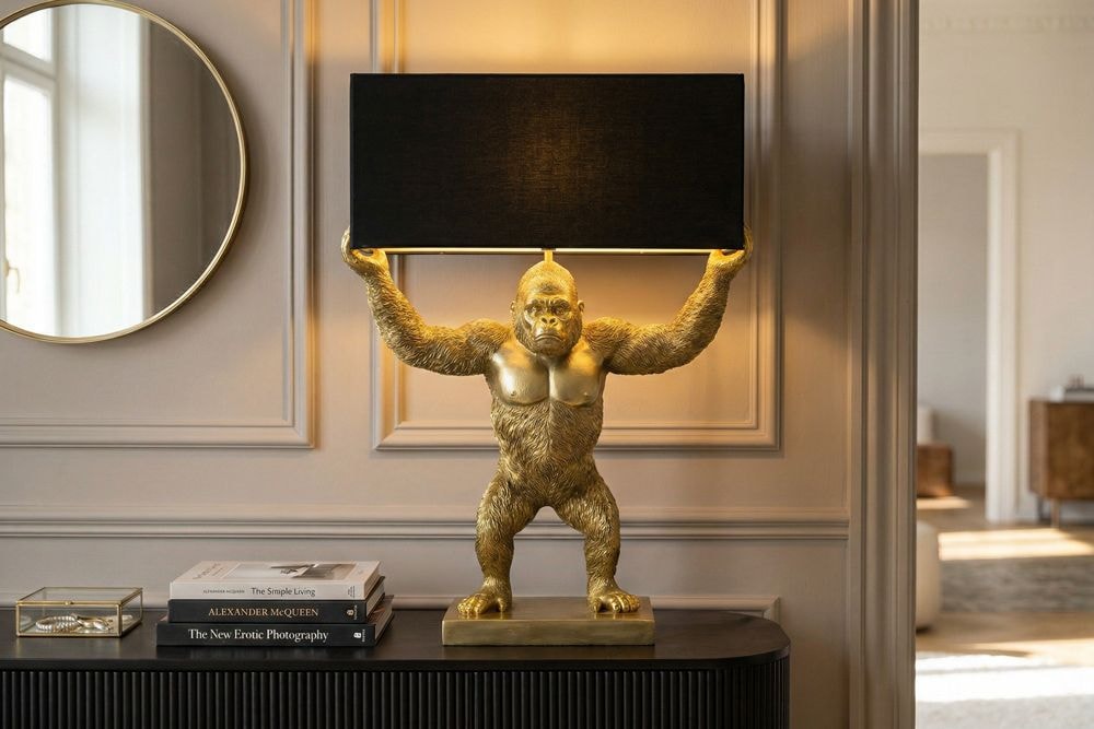 Handgefertigte Tischlampe KING APE 70cm schwarz gold Stoffschirm Affen-Skulptur