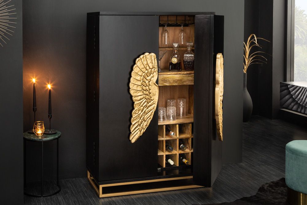 Extravaganter Barschrank ANGEL 140cm schwarz Mangoholz mit goldenen Flügeln