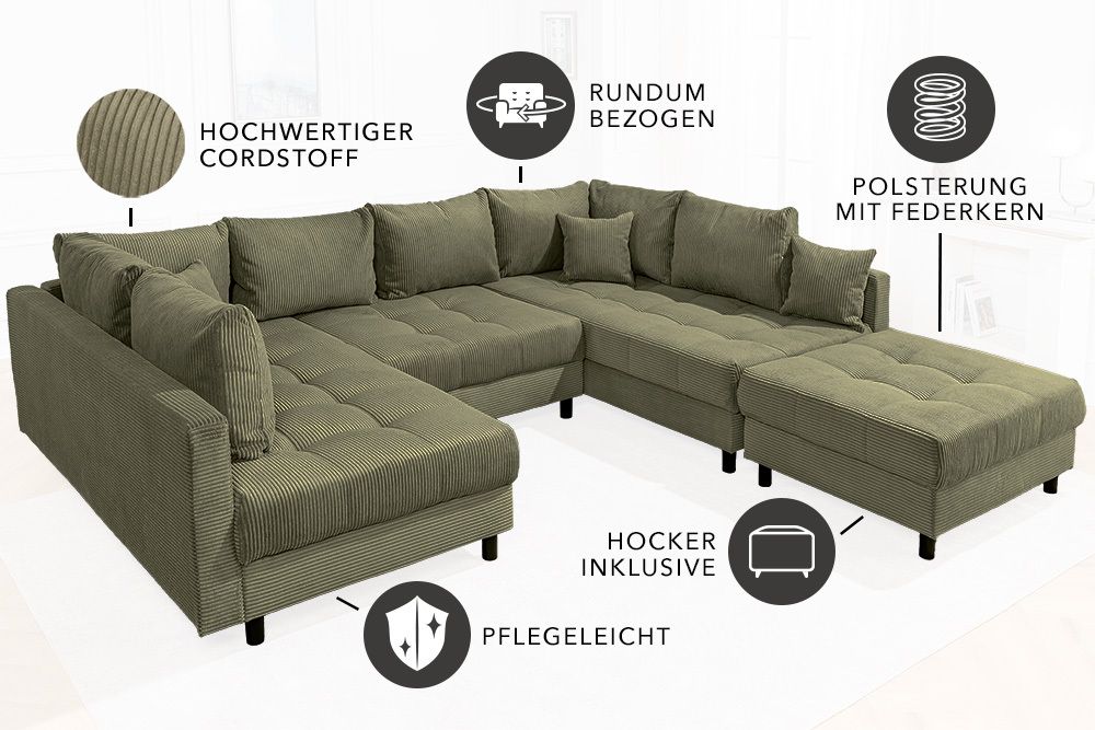 Moderne XXL Wohnlandschaft KENT 305cm grün Cord Bigsofa inkl. Hocker Federkern