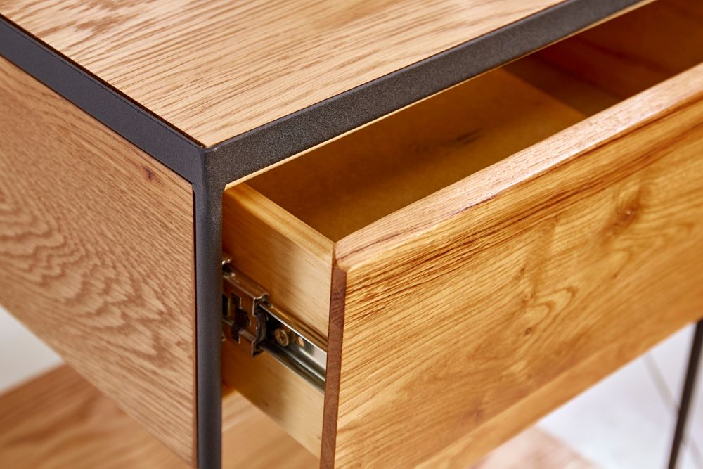 Moderner Beistelltisch SCORPION 50cm Wildeichen-Design Metall Nachttisch mit Schublade