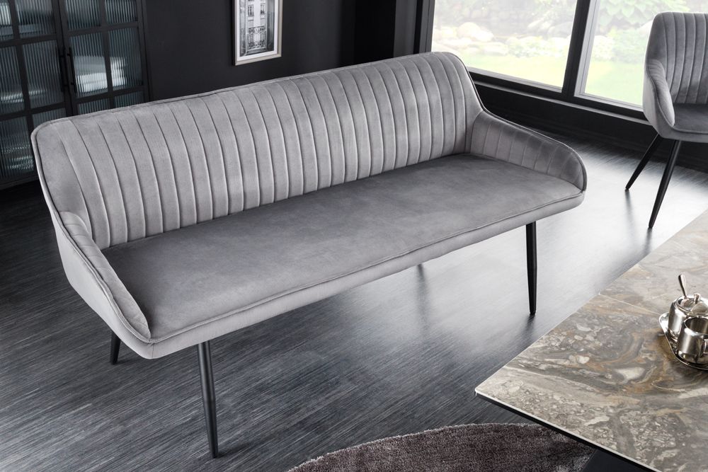 Design Sitzbank TURIN 160cm silbergrau Samt schwarz Metall Armlehne