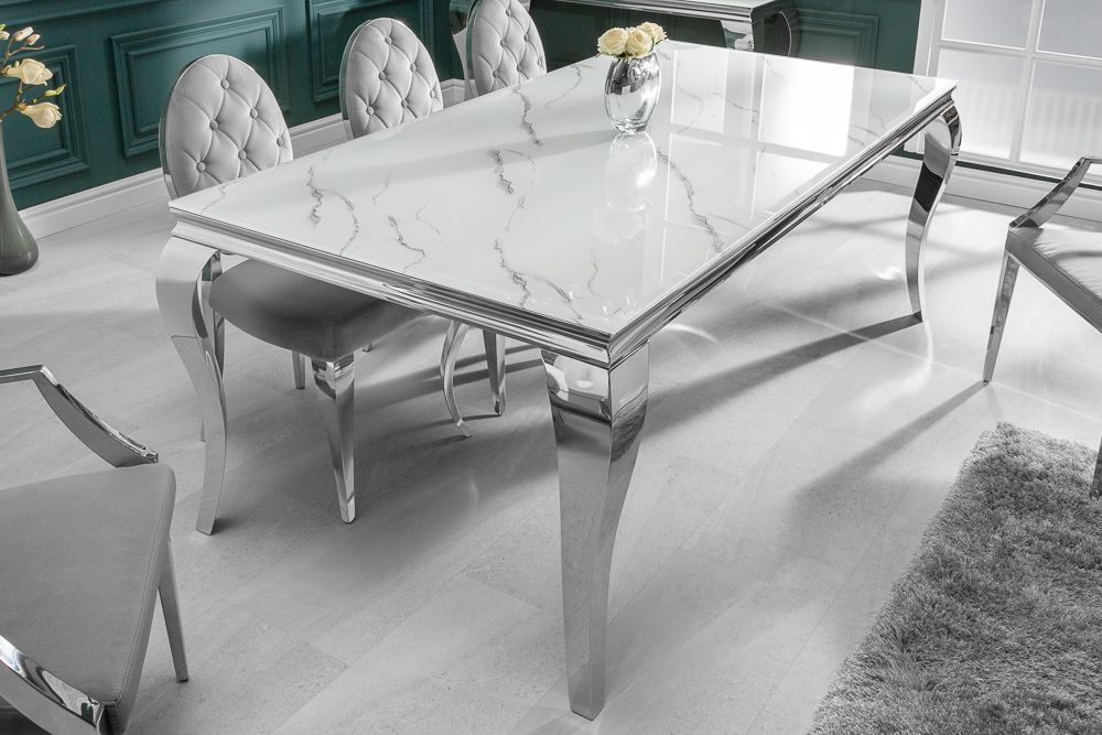 Design Esstisch MODERN BAROCK 180cm weiß chrom Glasplatte Marmor Edelstahlbeine