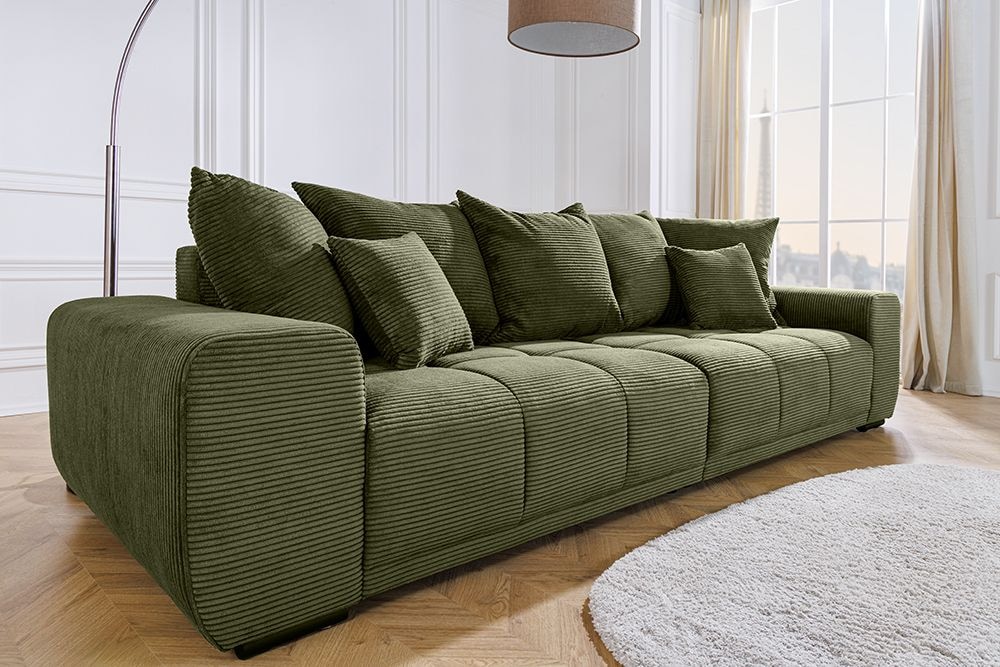 Modernes XXL Sofa ELEGANCIA 285cm grün Cord Federkern inklusive Kissen Bigsofa