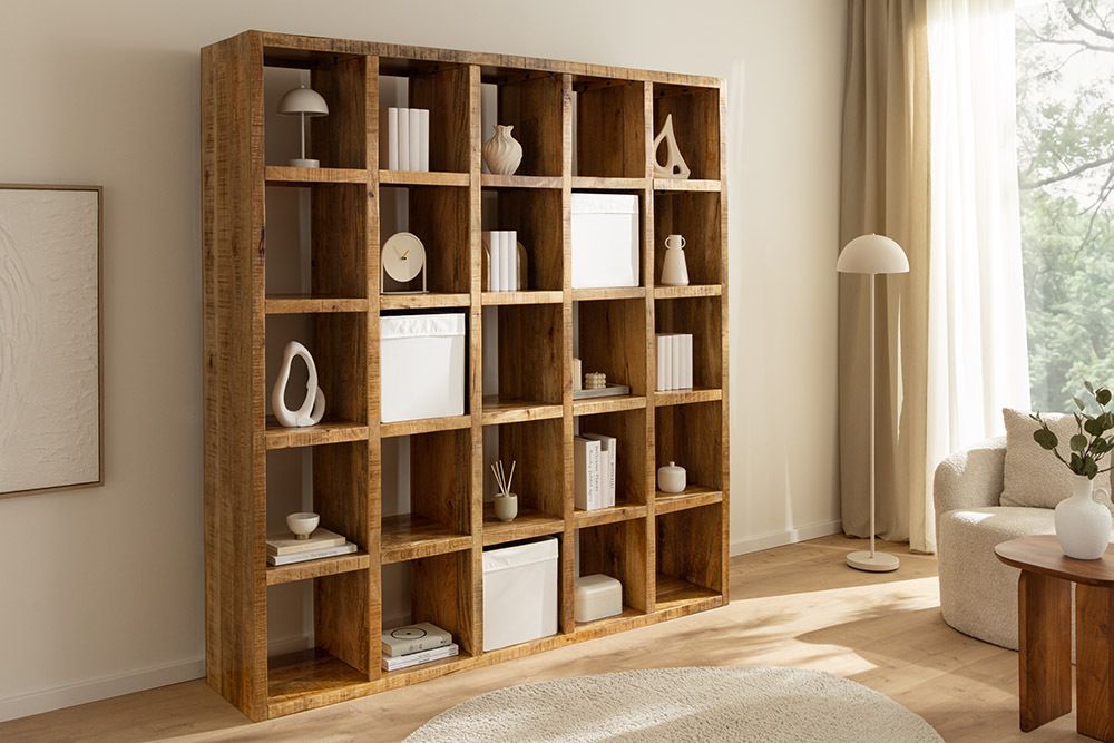 Massives Regal IRON CRAFT 200cm natur Mangoholz Bücherregal 25 Fächer
