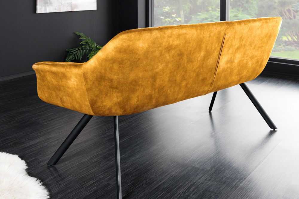 Esszimmer Sitzbank PAPILLON 165cm senfgelb Samt mit Lehnen schwarzes Metallgestell