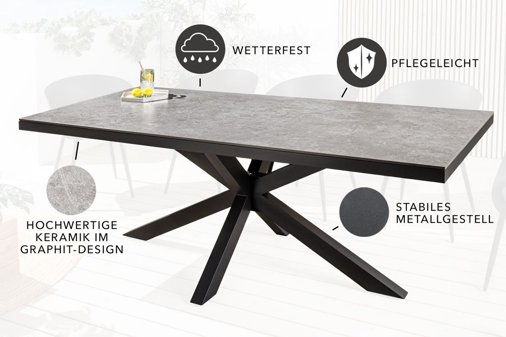 In- und Outdoor Esstisch GALAXIE 160cm hellgrau Keramik anthrazit Aluminium