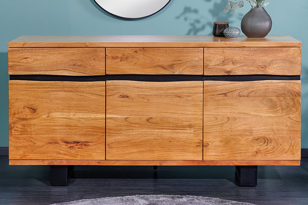 Massivholz Sideboard MAMMUT 160cm Akazie honey finish Metall Baumkante mit Schubladen
