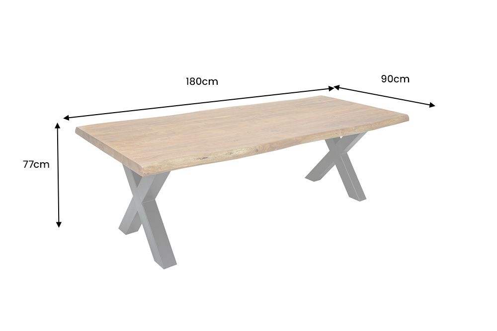 Vollmassiver Esstisch MAMMUT 180cm Akazie X-Gestell schwarz Baumkante 6cm Tischplatte