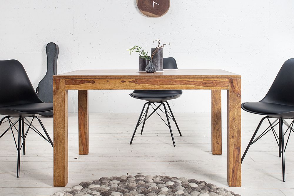 Massiver Holz Esstisch PURE 120-200cm braun Sheesham stone finish mit Ansteckplatten