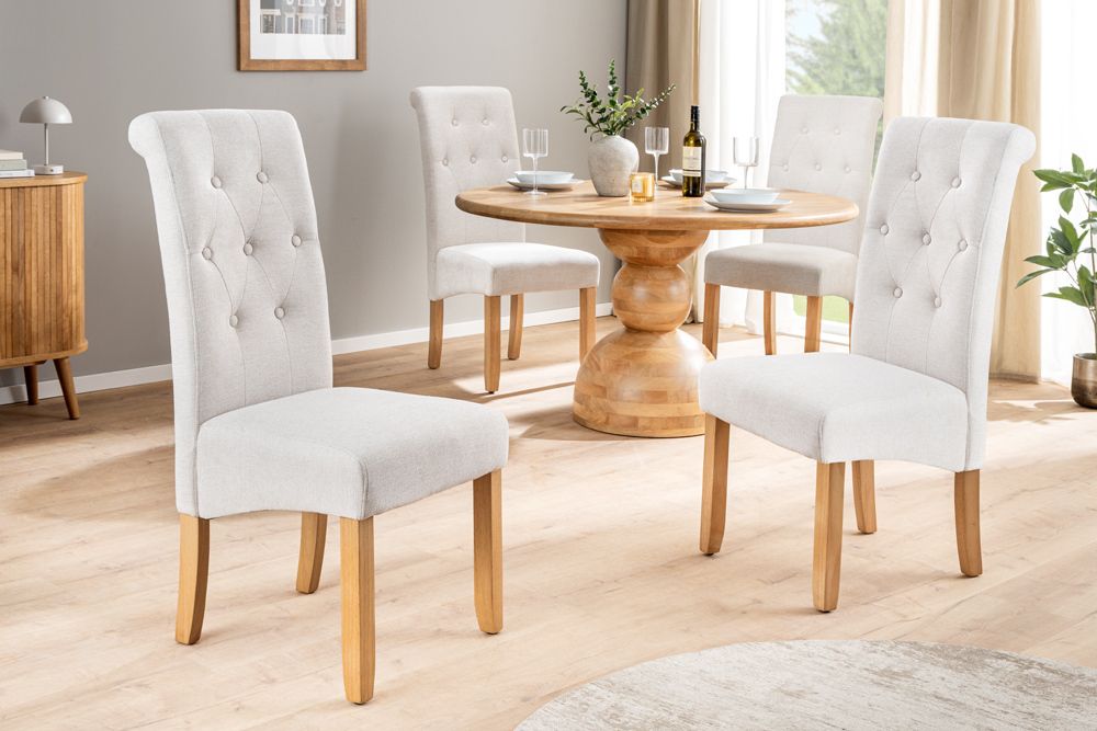 Design Stuhl CASA beige Strukturstoff Massivholzbeine mit Zierknöpfen und Nackenrolle