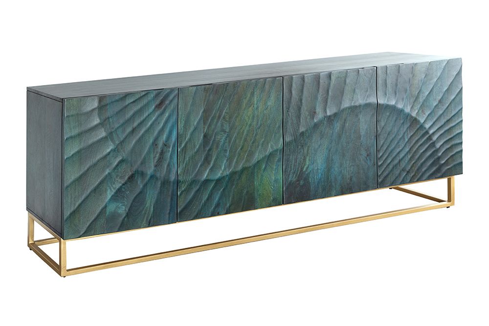 Massives Sideboard SCORPION 180cm türkis Mangoholz gold Metall 3D Schnitzereien