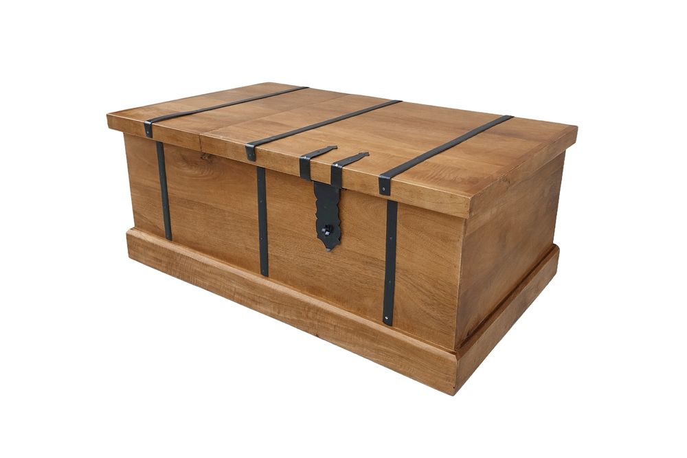 Massiver Couchtisch BODEGA 100cm braun honey finish Mangoholz Hausbar Truhe Stauraum