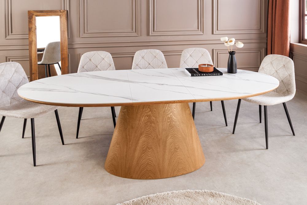 Ausziehbarer Esstisch UNIQUE 160-200cm weiß natur Eichenholz Keramik Marmor Säulenfuß