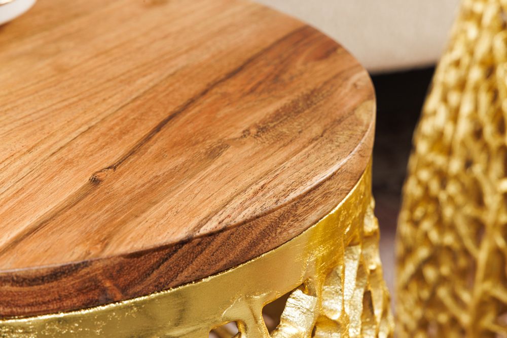 2er Set Filigraner Design Couchtisch ABSTRACT LEAF gold Akazienholz Handarbeit Metall rund