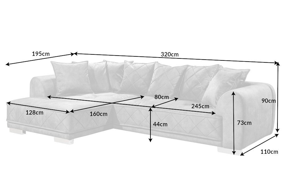 Modernes XXL Ecksofa DECADENCIA 320cm silbergrau Samt Bigsofa inkl. Kissen