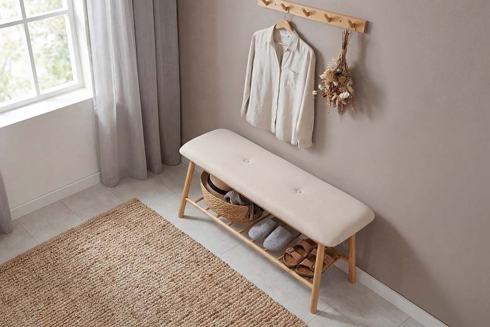 Stilvolle Schuhbank ZEN-BO 90cm natur beige Bambus Regal Sitzbank mit Stauraum