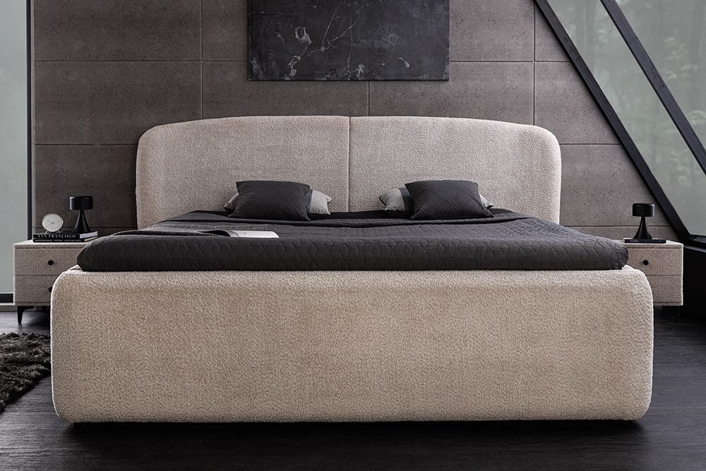 Modernes Boxbett ART DECO 180x200cm greige Bouclé mit Stauraum und Lattenrost