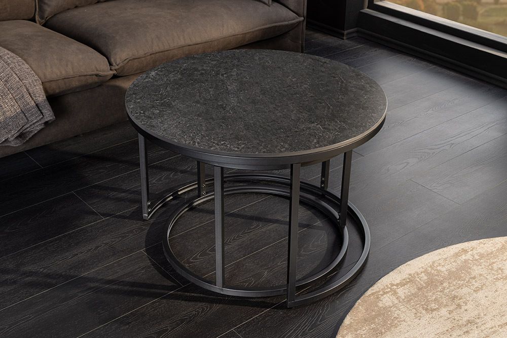 Rundes 2er Set Couchtische ELEGANCE 75cm anthrazit Keramik schwarz Metall