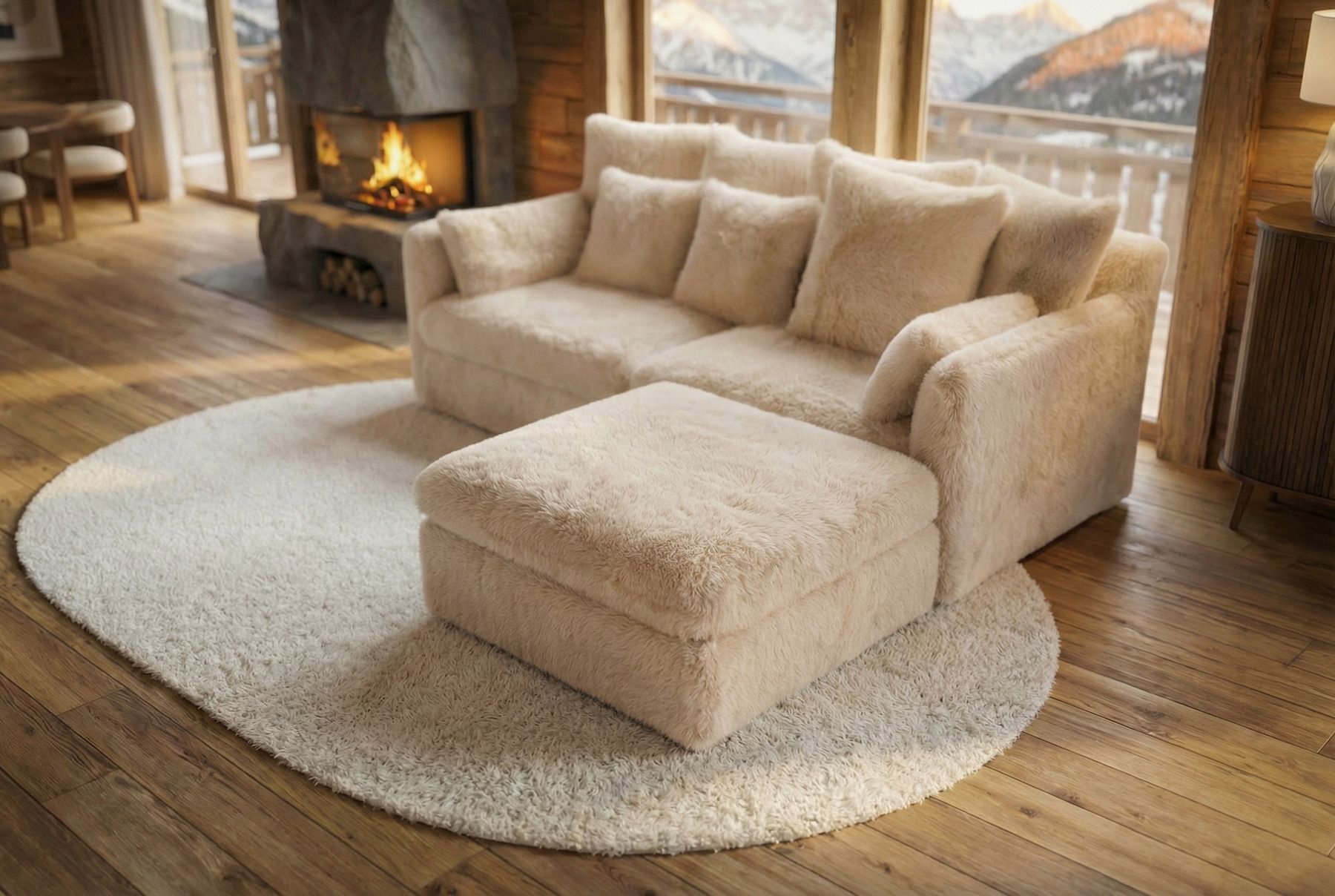 Großer Sitzhocker YETI 100cm beige sand Shaggy-Stoff langfloriger Plüsch Sofahocker