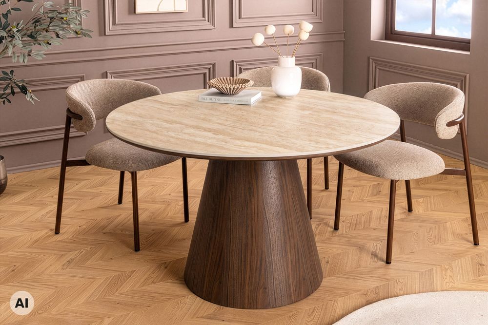 Runder Esstisch UNIQUE 120cm braun natur Walnussholz Travertin Keramik Säulenfuß